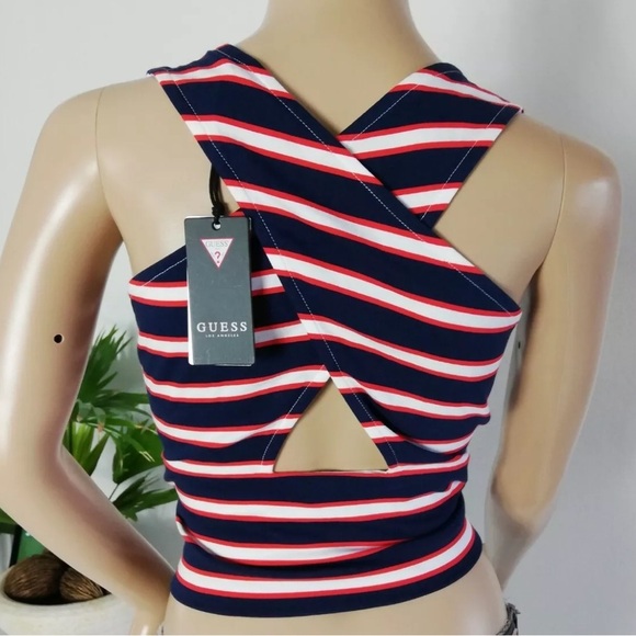 GUESS vintage women's crop top tank sleeveless Cherry red striped size S fitted - Picture 5 of 7